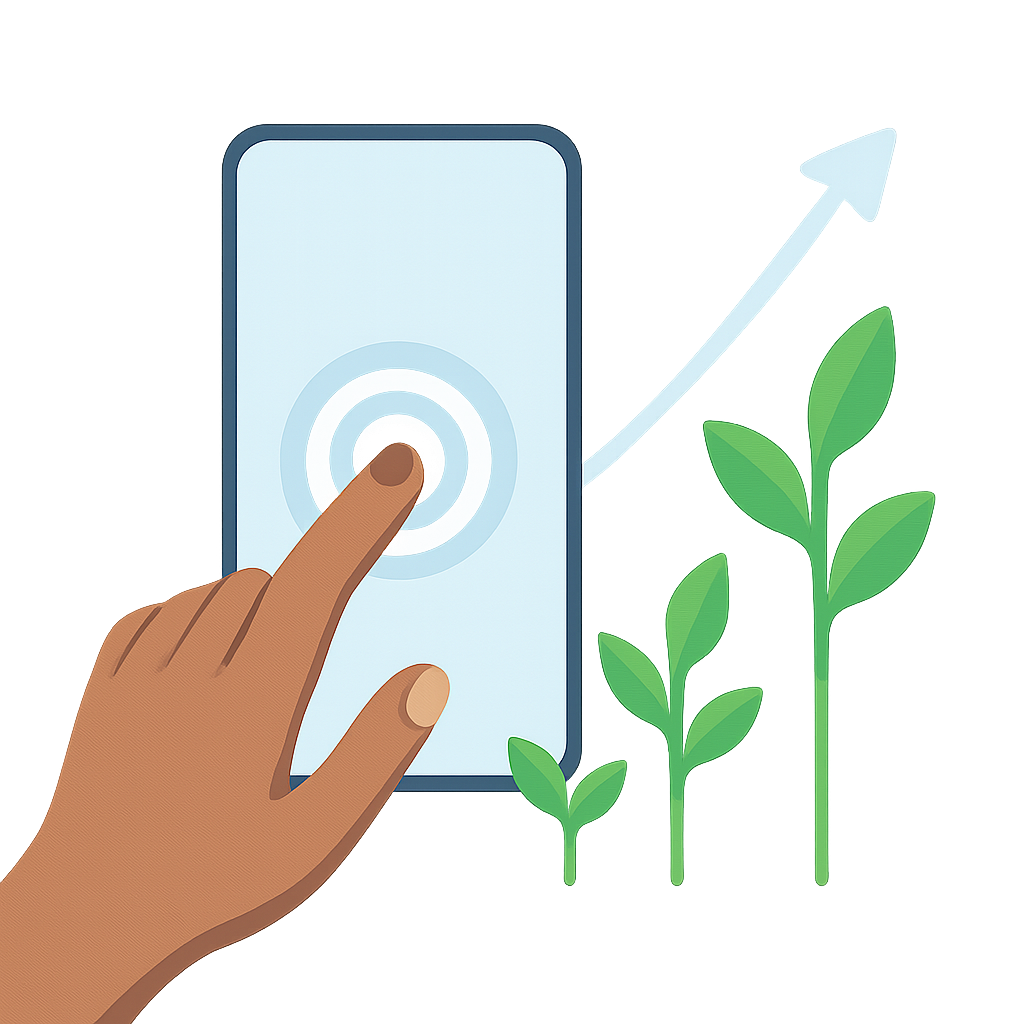 Investment growth illustration showing a hand touching a phone with growing plants and upward trend